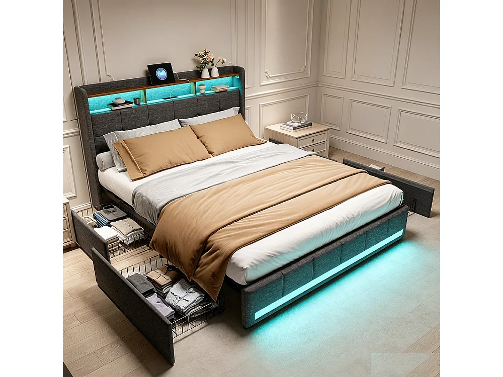 Cama Doble Moderna Gris de Lino con Almacenamiento-180x200cm-LED RGB, Puertos USB-Iluminación Inteligente-Tejido Transpirable