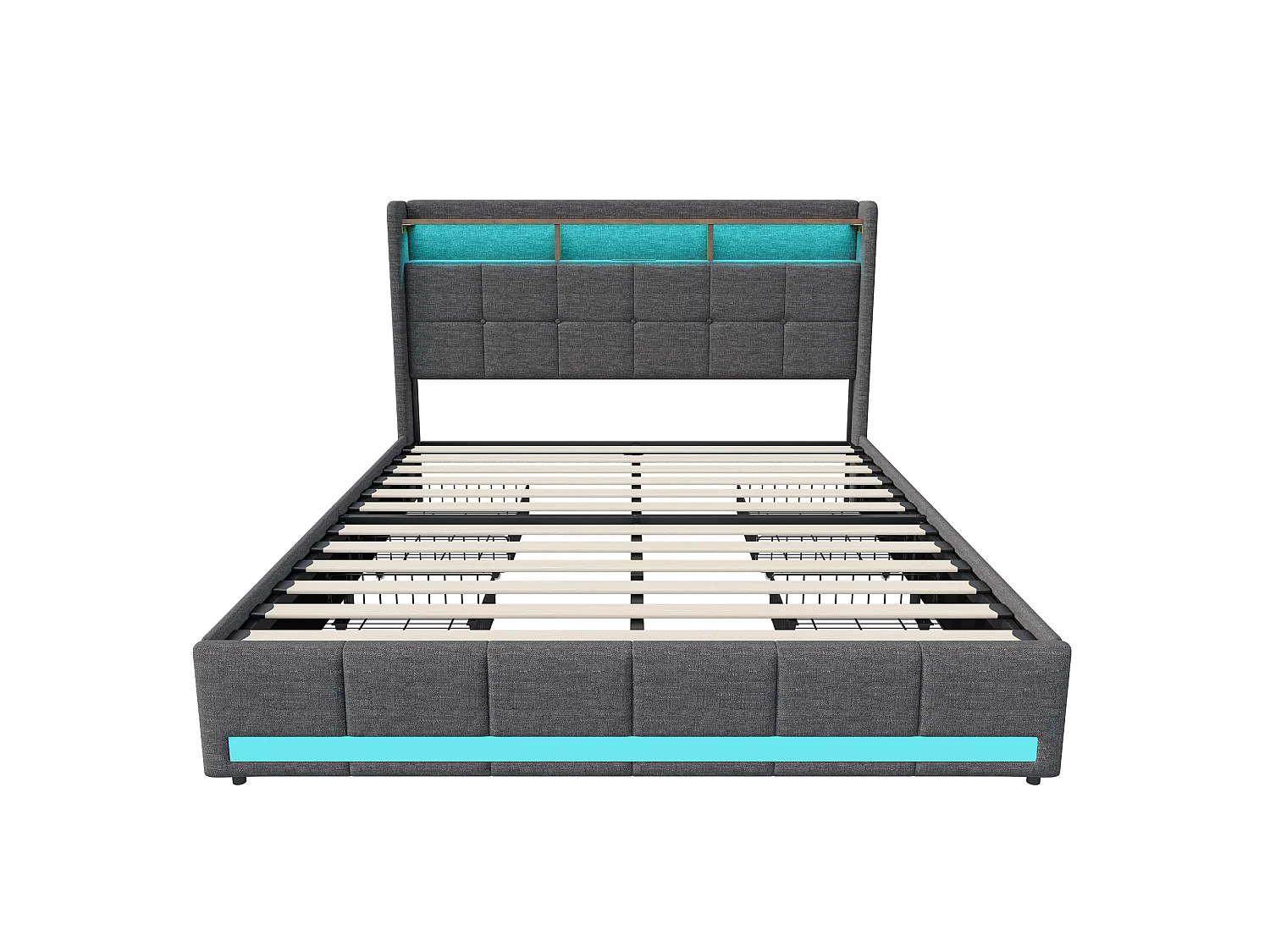 Cama Doble Moderna Gris de Lino con Almacenamiento-180x200cm-LED RGB, Puertos USB-Iluminación Inteligente-Tejido Transpirable