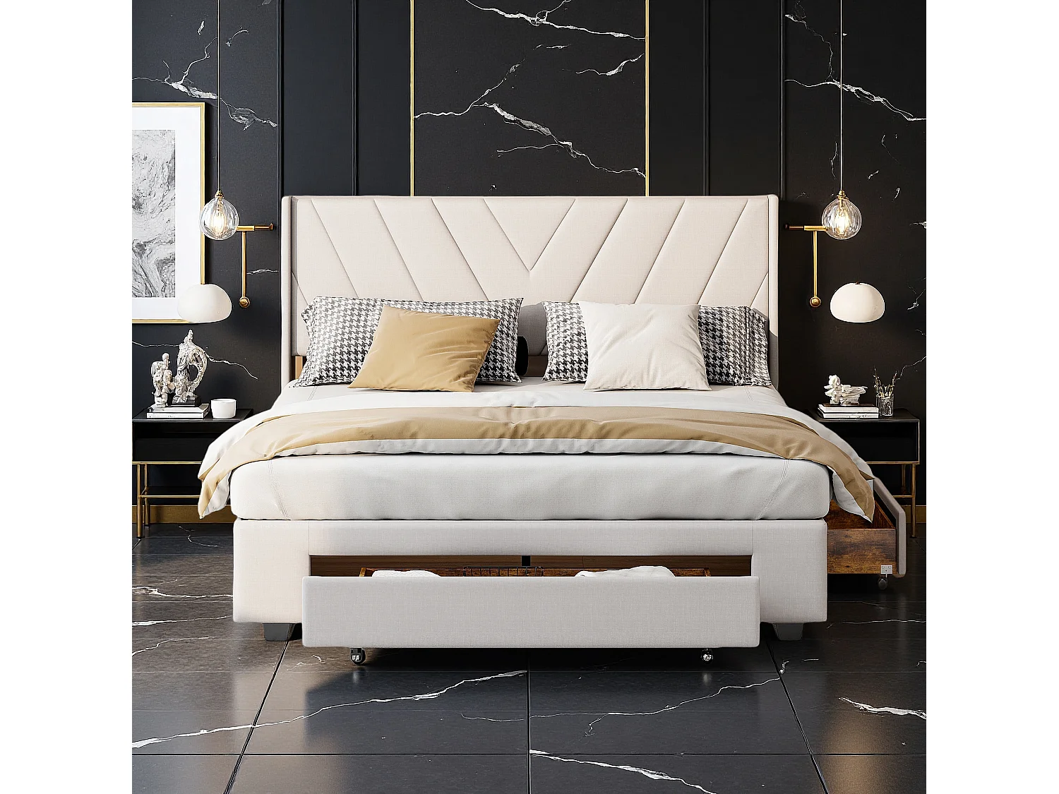 Lit double avec tiroirs, Lit avec rangement 140x200 cm, Lit 2 places avec sommier, Structure métal-bois, Tête de lit design en tissu lin beige, Gain de place