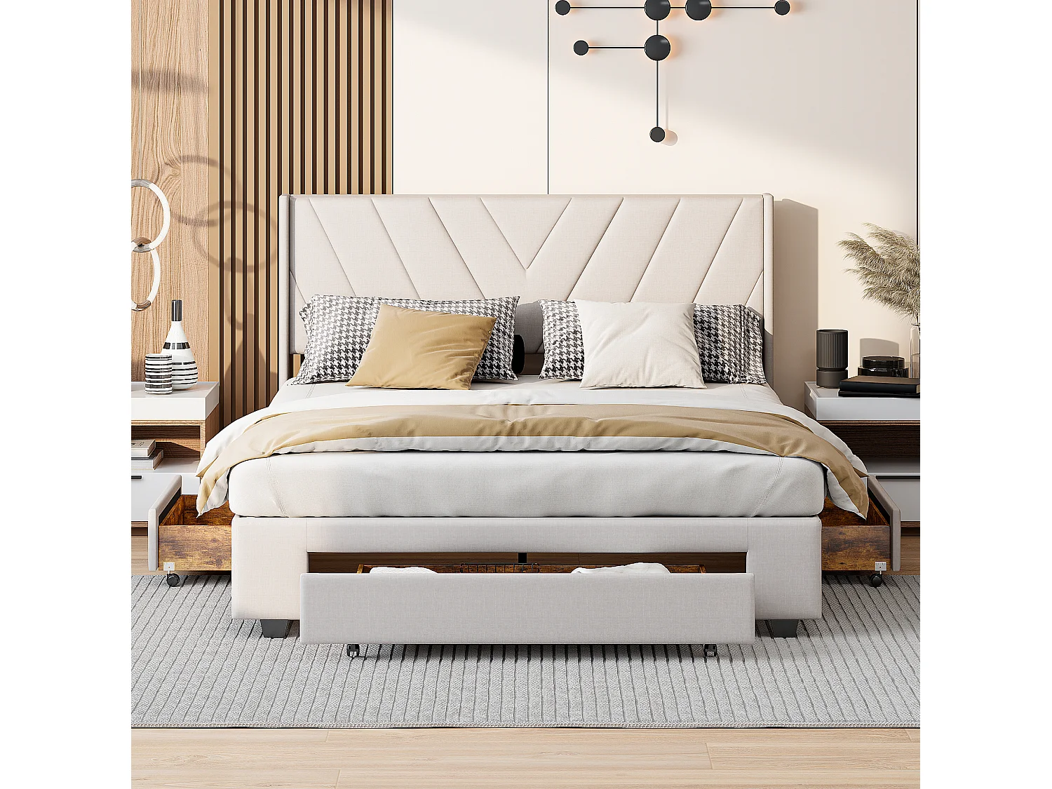 Lit adulte tiroir - 140 x 200 cm - Tissu de lin - beige