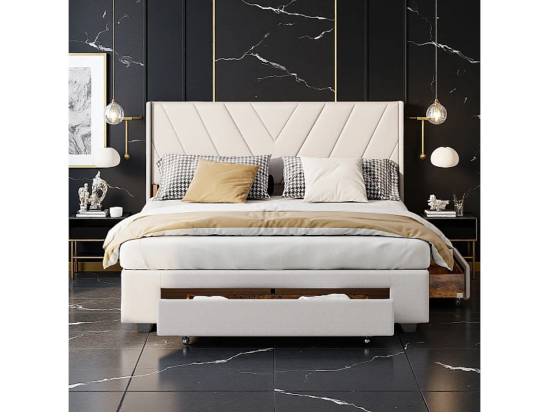 Lit double avec tiroirs, Lit avec rangement 140x200 cm, Lit 2 places avec sommier, Structure métal-bois, Tête de lit design en tissu lin beige, Gain de place