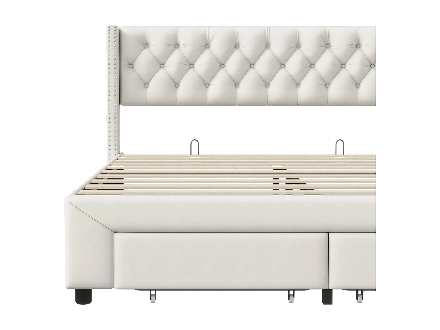 Lit Capitonné 180 x 200 cm avec rangement + éclairage LED intégré + ports USB - Tissu velours - Beige