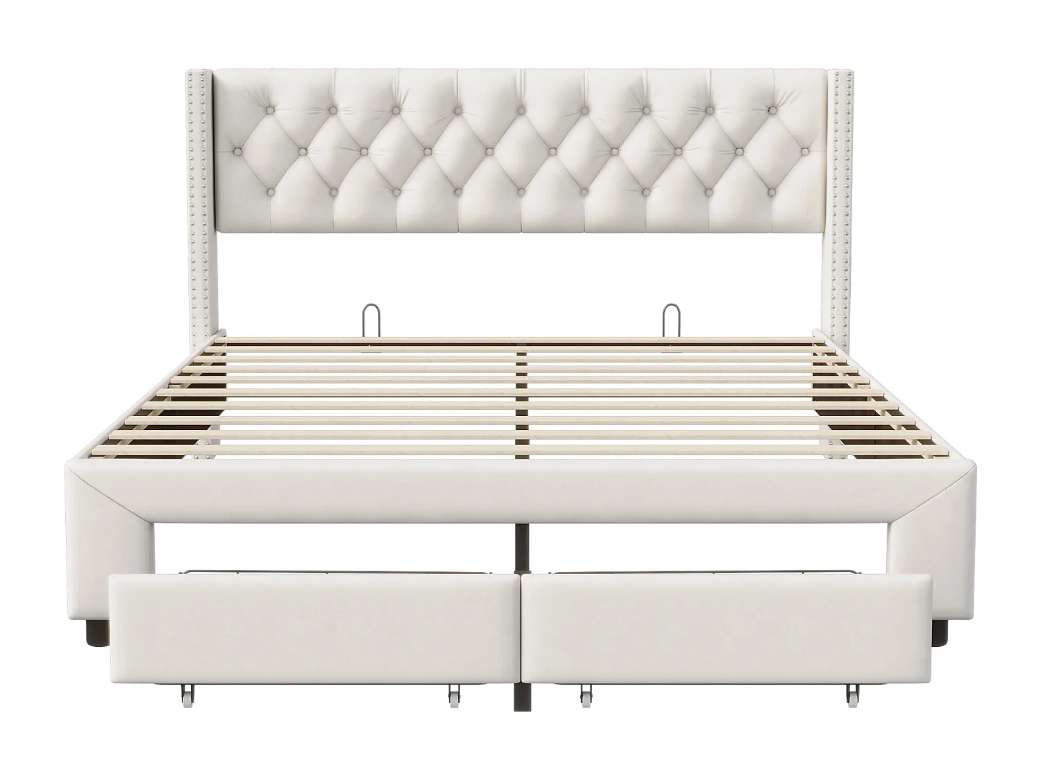Lit Capitonné 180 x 200 cm avec rangement + éclairage LED intégré + ports USB - Tissu velours - Beige