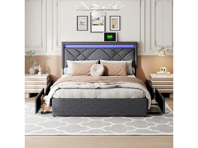 Lit Double 160x200, Grand Lit avec Tiroirs et Rangements, LED RGB APP, Ports USB/Type-C, Tissu Lin Gris Foncé, Lit Couple Moderne
