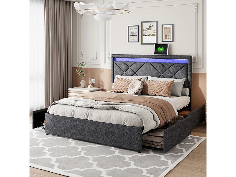 Lit Double 160x200, Grand Lit avec Tiroirs et Rangements, LED RGB APP, Ports USB/Type-C, Tissu Lin Gris Foncé, Lit Couple Moderne