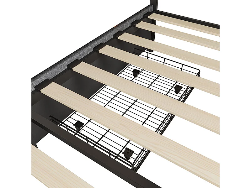 Lit Double 160x200, Grand Lit avec Tiroirs et Rangements, LED RGB APP, Ports USB/Type-C, Tissu Lin Gris Foncé, Lit Couple Moderne
