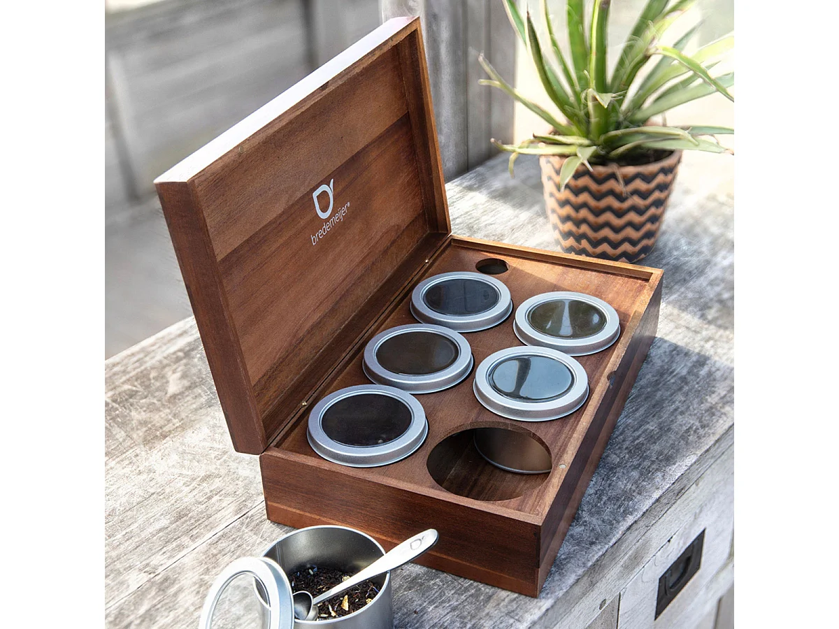 Universal - Coffret à thé bois d'acacia avec 6 boîtes à thé et cuillère