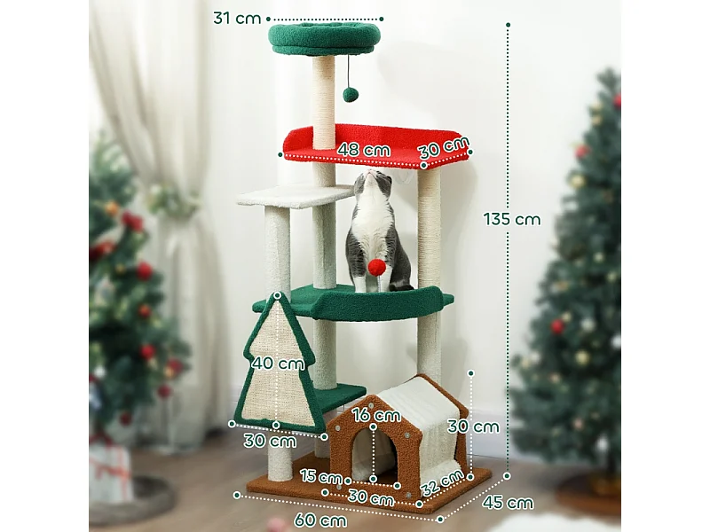 Arbre à chat de Noël, 6 niveaux, bois et tissu, rouge/vert (60x45x135 cm)