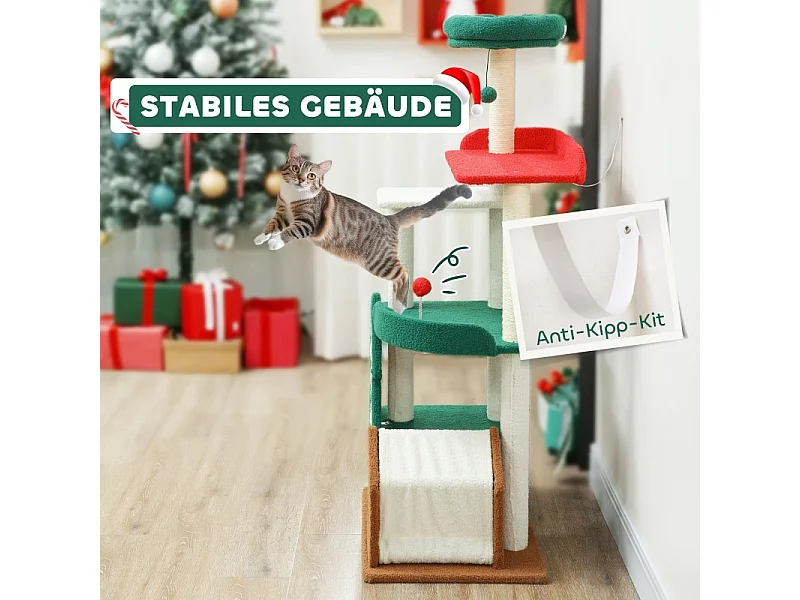 Arbre à chat de Noël, 6 niveaux, bois et tissu, rouge/vert (60x45x135 cm)