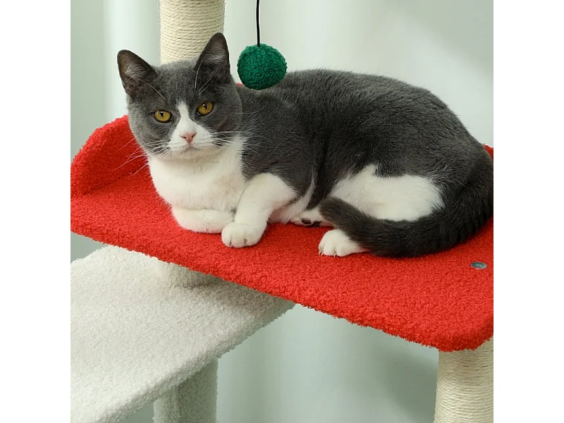 Arbre à chat de Noël, 6 niveaux, bois et tissu, rouge/vert (60x45x135 cm)