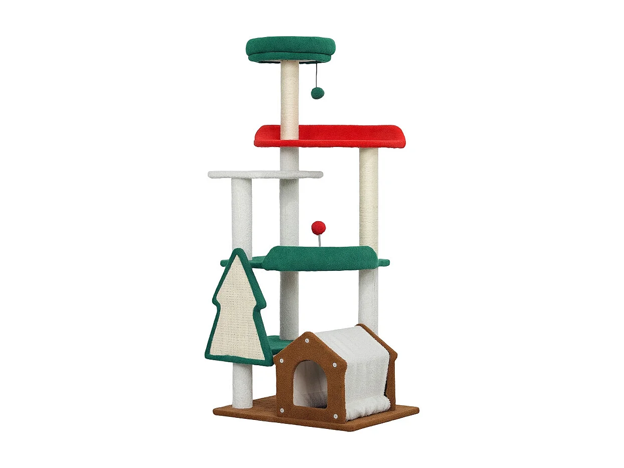Arbre à chat de Noël, 6 niveaux, bois et tissu, rouge/vert (60x45x135 cm)