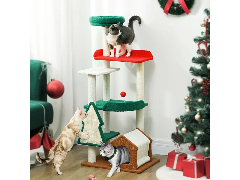 Arbre à chat de Noël, 6 niveaux, bois et tissu, rouge/vert (60x45x135 cm)