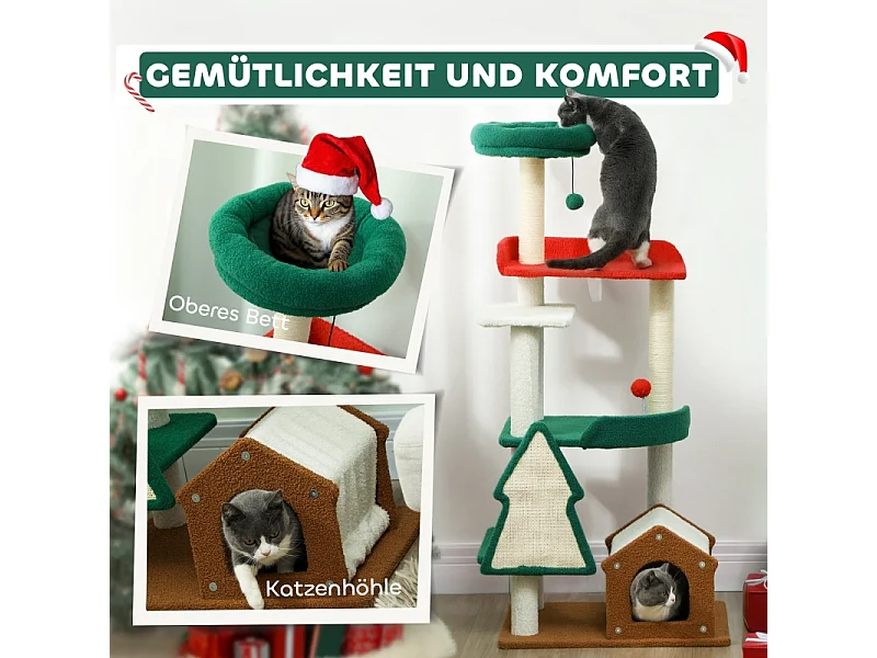 Arbre à chat de Noël, 6 niveaux, bois et tissu, rouge/vert (60x45x135 cm)