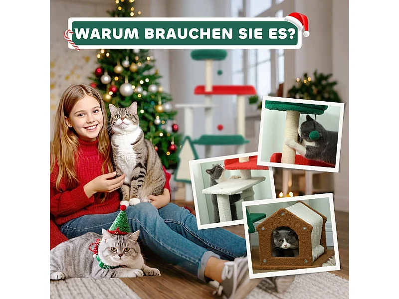 Arbre à chat de Noël, 6 niveaux, bois et tissu, rouge/vert (60x45x135 cm)