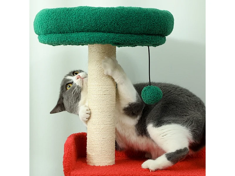 Arbre à chat de Noël, 6 niveaux, bois et tissu, rouge/vert (60x45x135 cm)