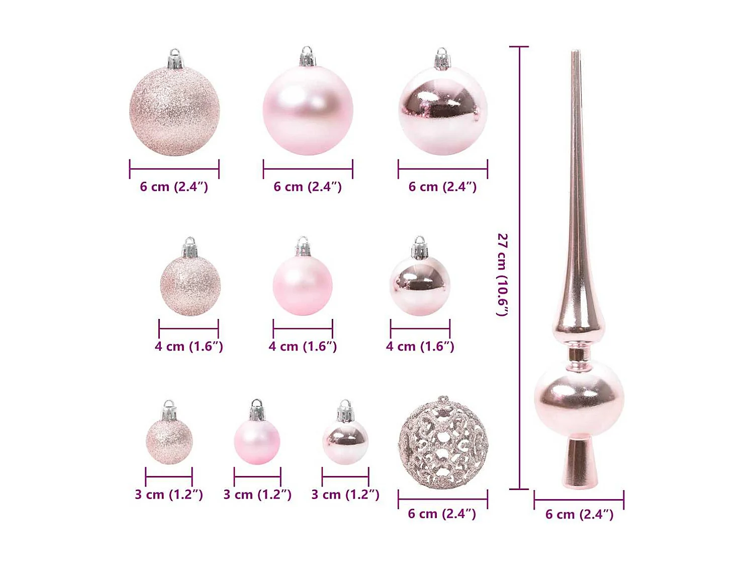 Set di palline di Natale con 150 LED, 61 pezzi, in plastica rosa