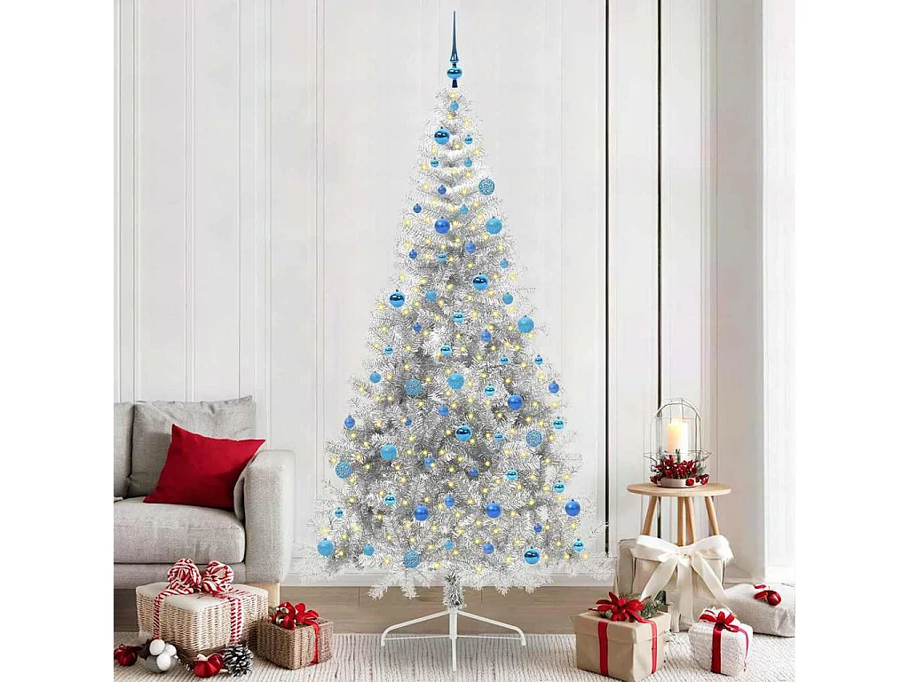Sapin de Noël artificiel pré-éclairé Argent 240 cm PET