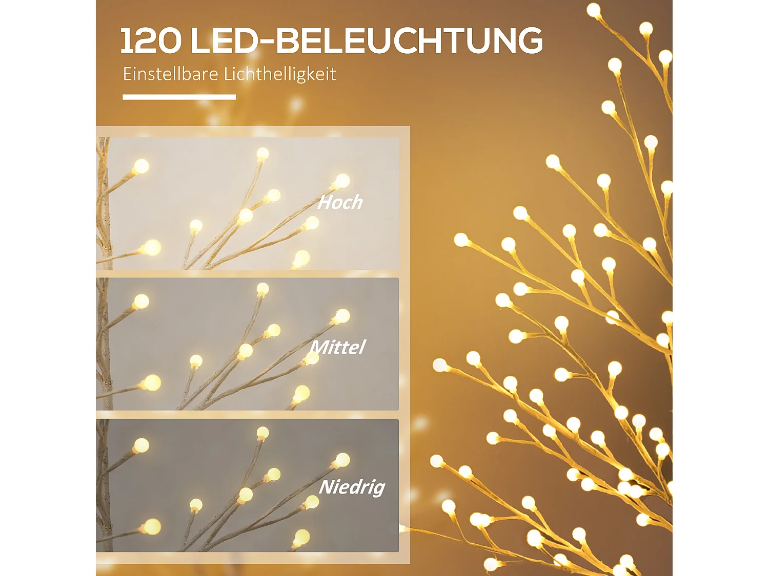 Arbre lumineux 3D 150 cm, 120 LED blanc chaud, 3 niveaux de luminosité, pour la décoration de fêtes et de Noël (20 x 20 x 150 cm)