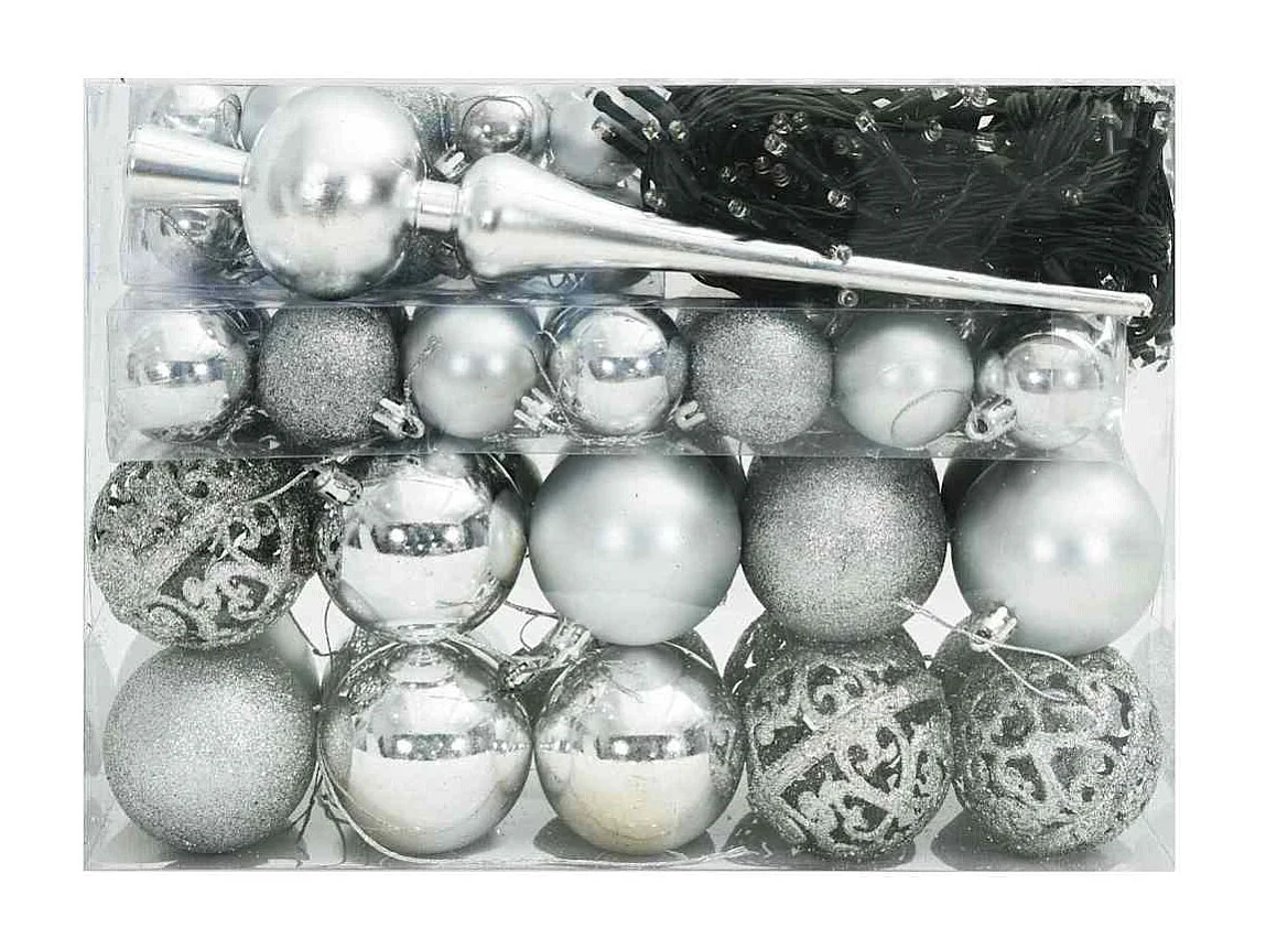 Set di palline di Natale con 150 LED 61 pezzi in plastica argentata