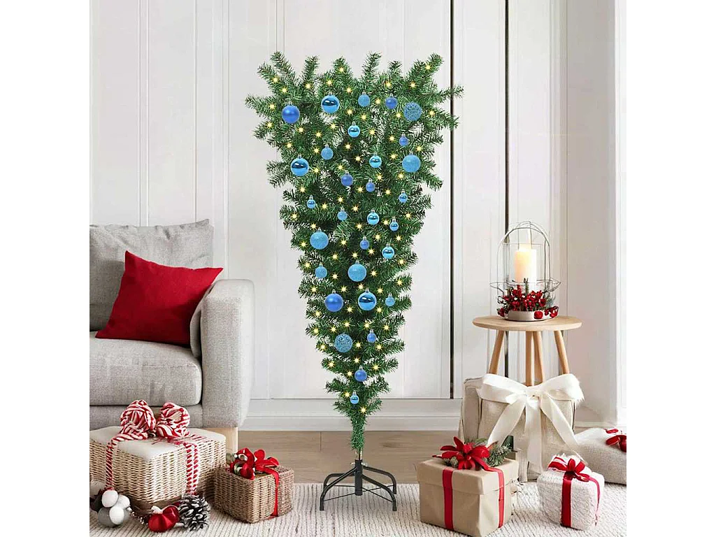 Omgekeerde, voorverlichte kunstkerstbomen met kerstballenset