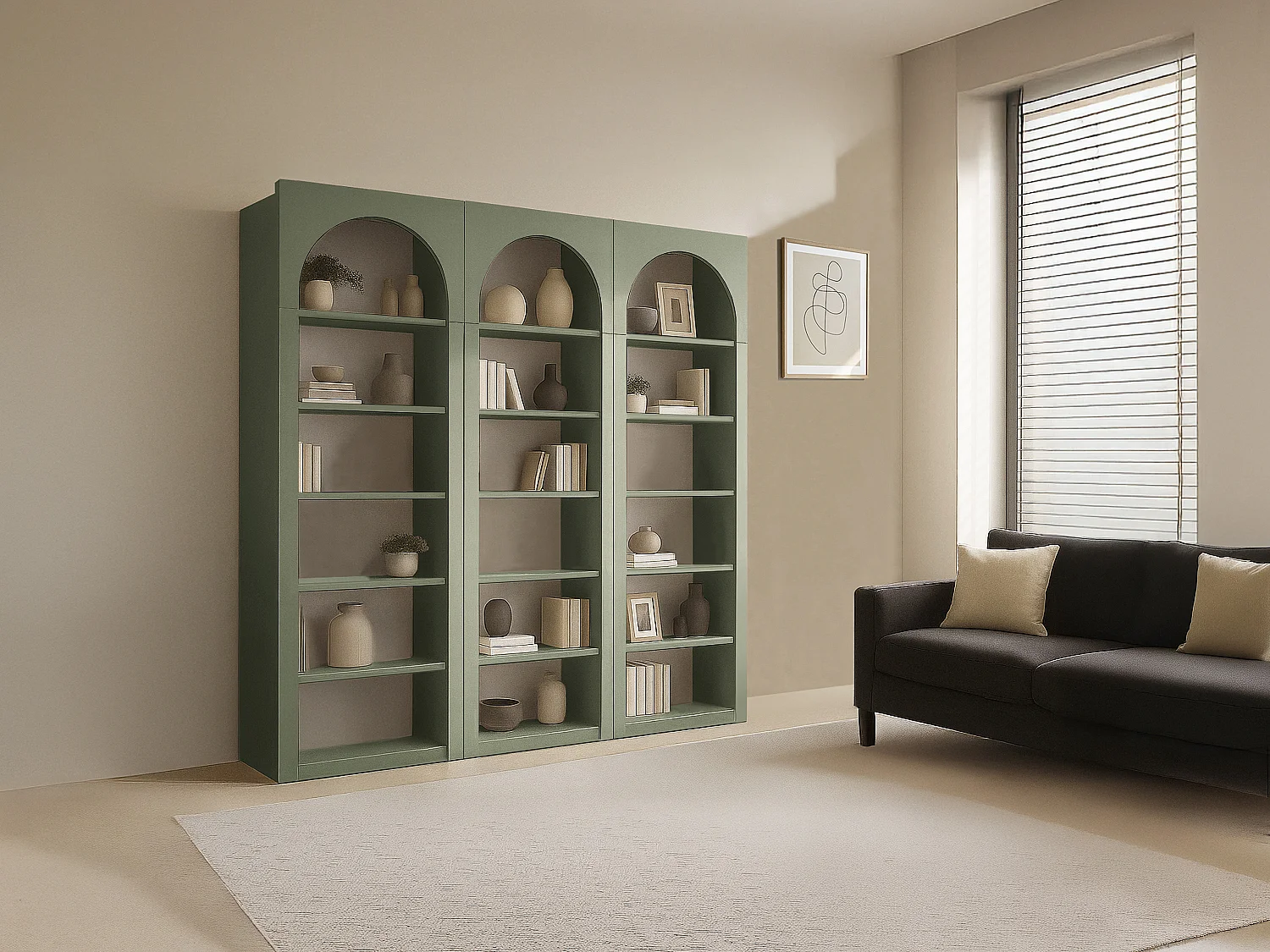 Lot de 3 bibliothèques avec 6 niches - Kaki - CYMORA