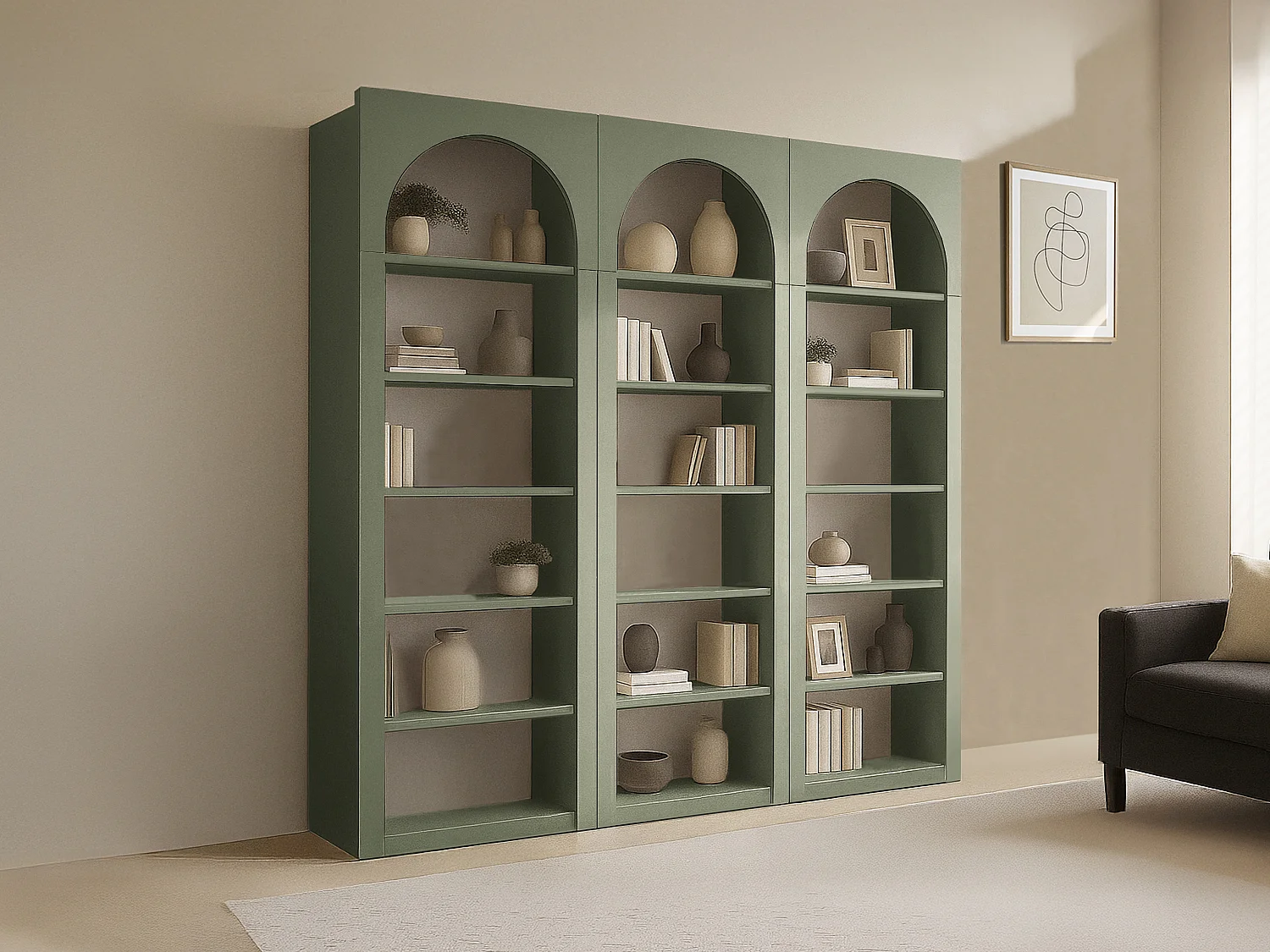 Lot de 3 bibliothèques avec 6 niches - Kaki - CYMORA