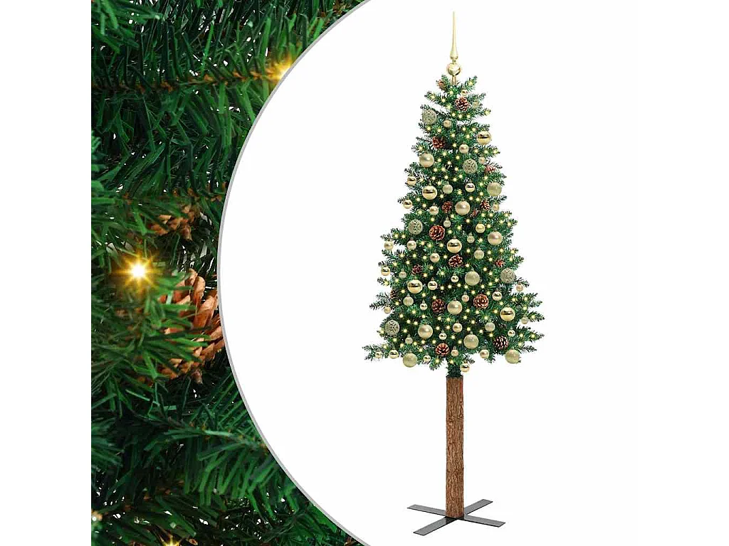 Albero di Natale verde sottile 180 cm in PVC e legno di pino massiccio