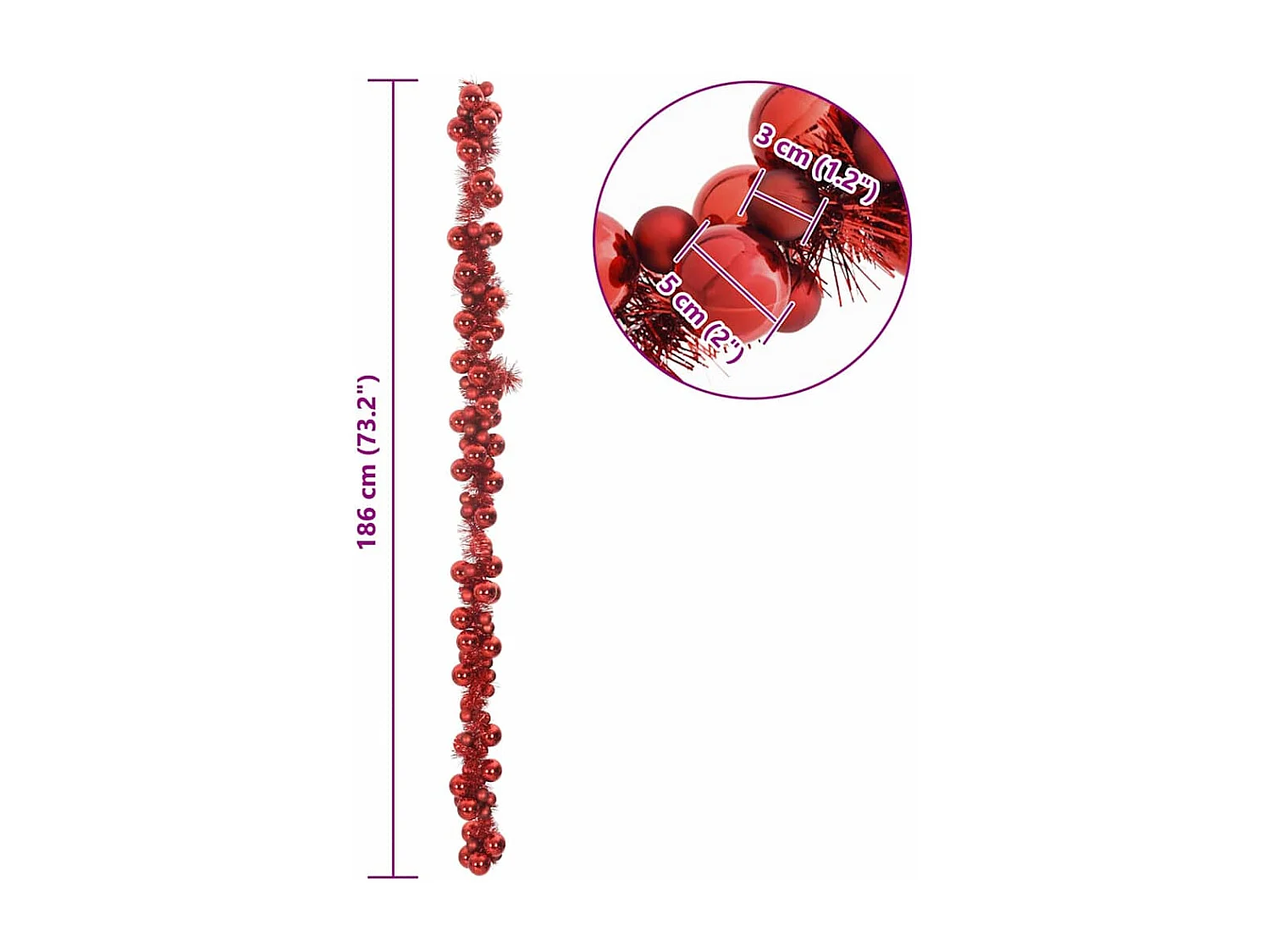Ghirlanda di palline di Natale rosse 186 cm in polistirolo