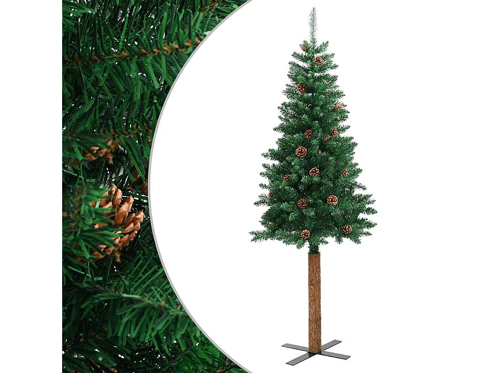 Sapin de Noël mince avec bois véritable et cônes vert 210cm PVC