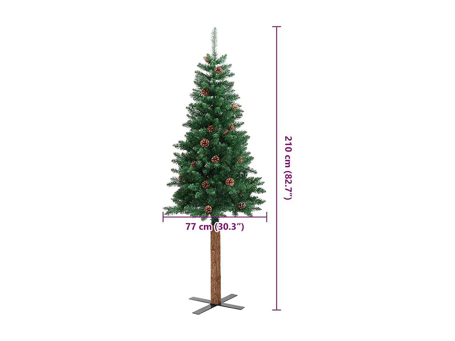 Sapin de Noël mince avec bois véritable et cônes vert 210cm PVC