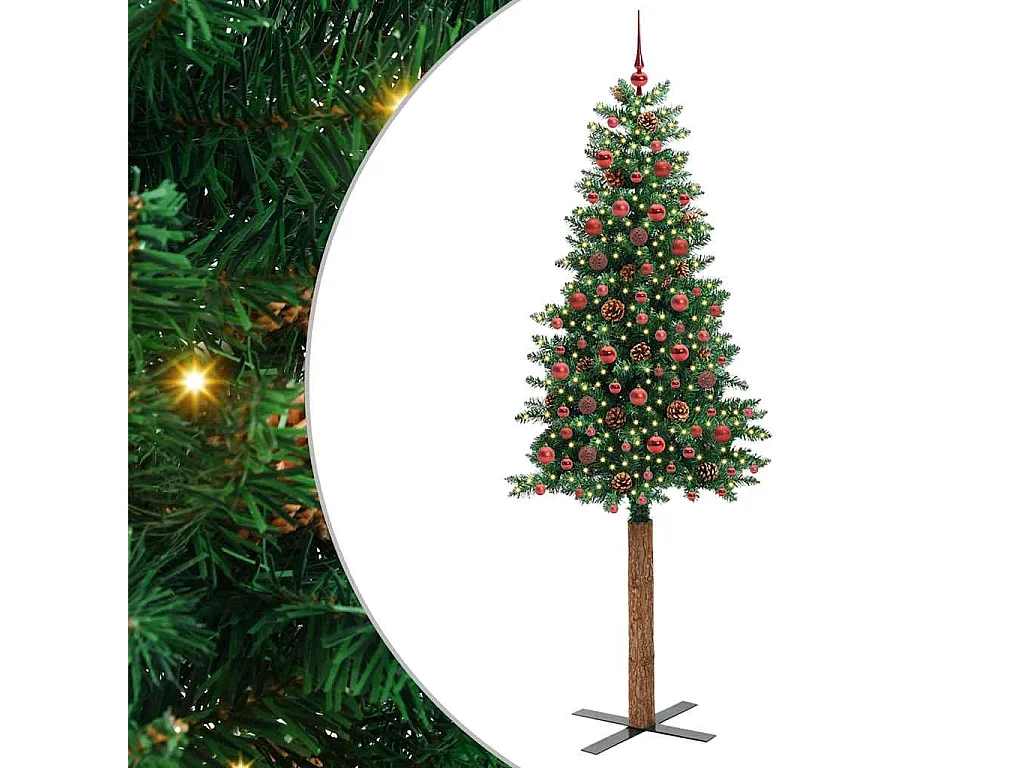 Albero di Natale verde sottile 210 cm in PVC e legno di pino massiccio