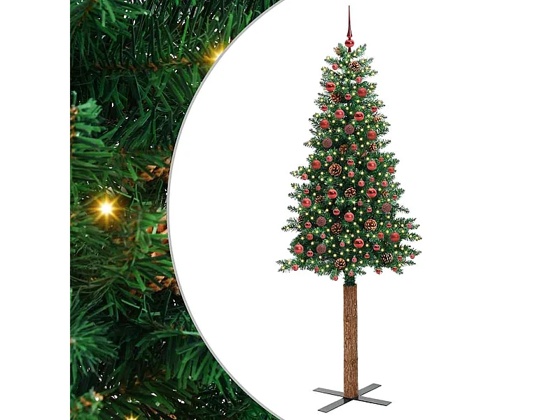 Albero di Natale verde sottile 210 cm in PVC e legno di pino massiccio
