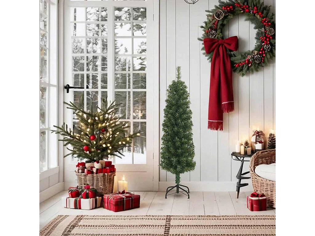 Slanke kunstkerstboom met groene voet 150 cm PVC