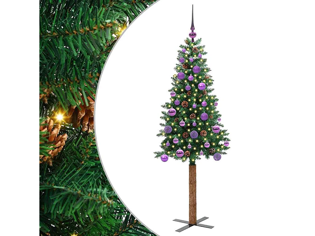 Albero di Natale verde sottile 150 cm in PVC e legno di pino massiccio