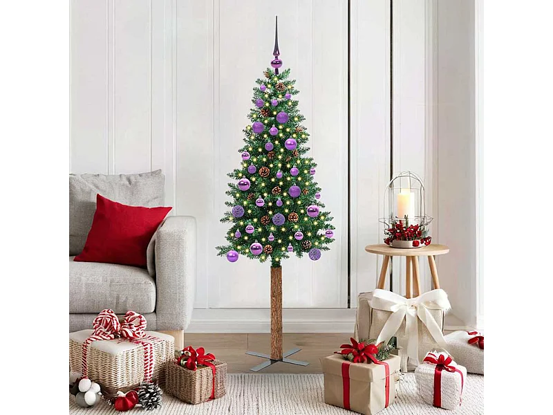 Albero di Natale verde sottile 150 cm in PVC e legno di pino massiccio