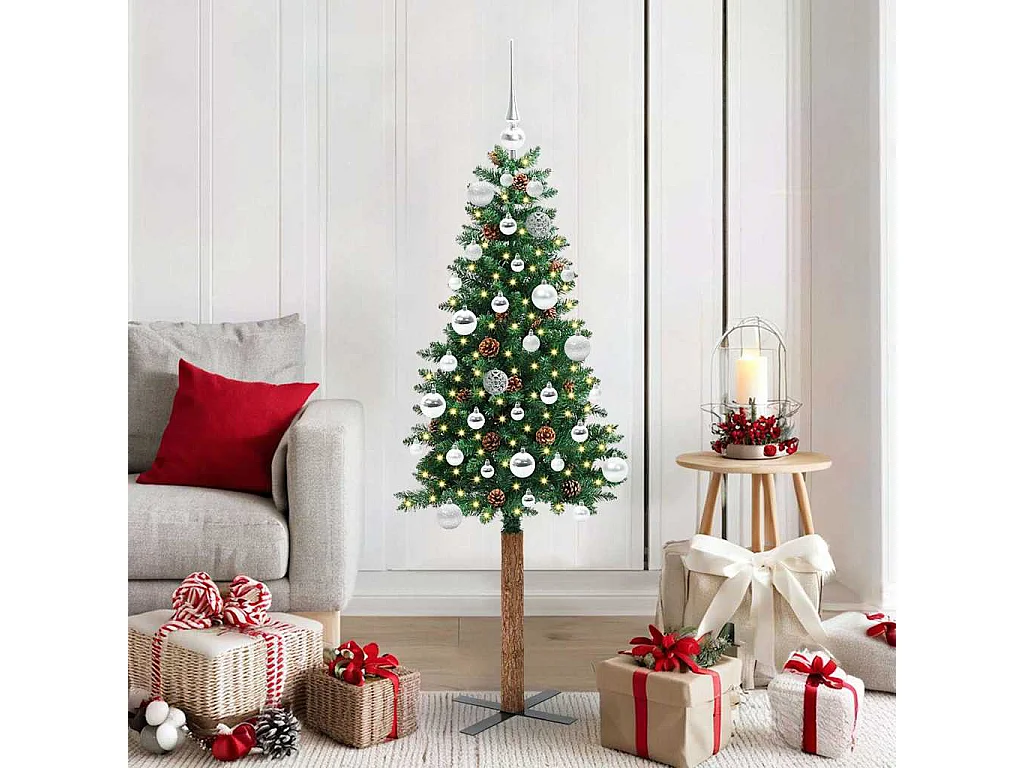 Sapin de Noël mince Vert 150 cm PVC et bois de pin massif