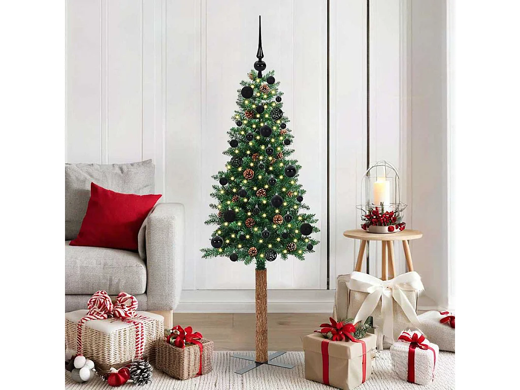 Albero di Natale verde sottile 150 cm in PVC e legno di pino massiccio