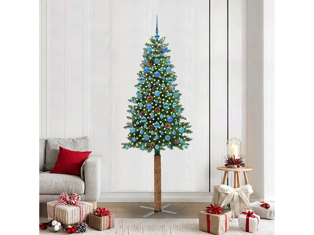 Sapin de Noël mince Vert 210 cm PVC et bois de pin massif