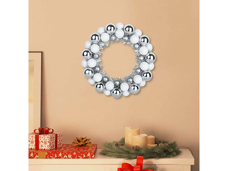 Couronnes de Boules de Noël 2 pcs Blanc et Argent