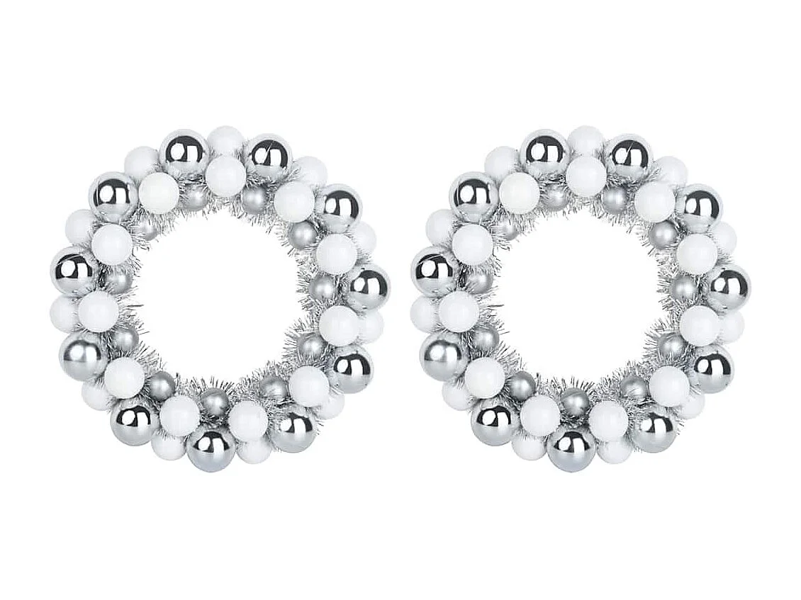 Couronnes de Boules de Noël 2 pcs Blanc et Argent