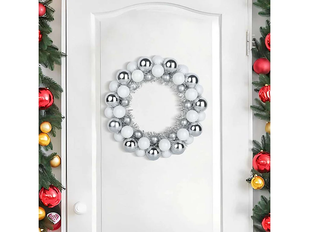Couronnes de Boules de Noël 2 pcs Blanc et Argent