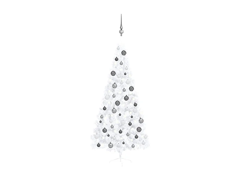 Demi-arbre de Noël artificiel pré-éclairé et boules blanc 210cm