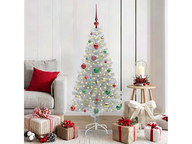 Sapin de Noël avec 150 LED avec support Argent 150 cm PET