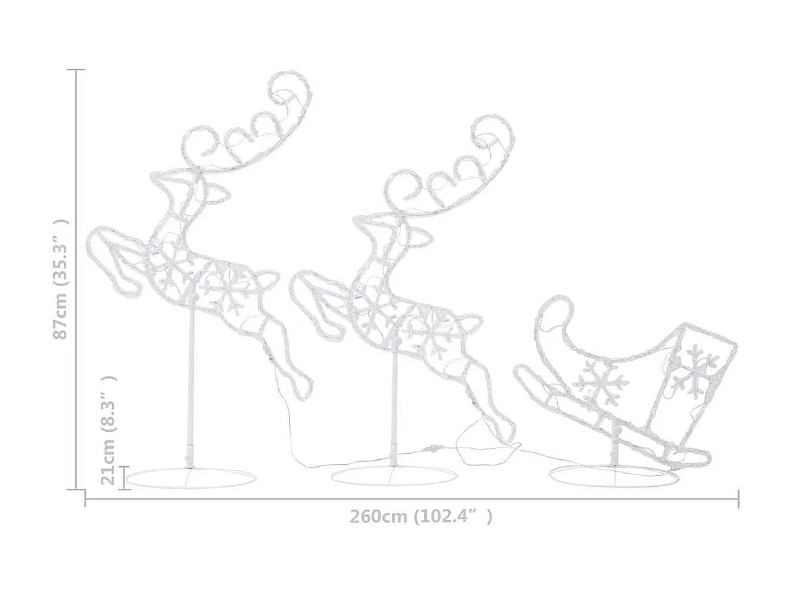 Renna/slitta di Natale volante in acrilico 260x21x87cm bianco caldo