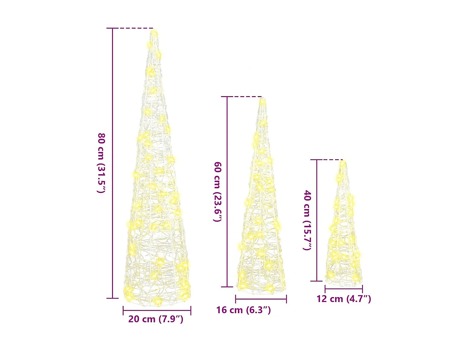 Albero di Natale 3 pezzi Bianco caldo 20 x 20 x 80 cm Acrilico