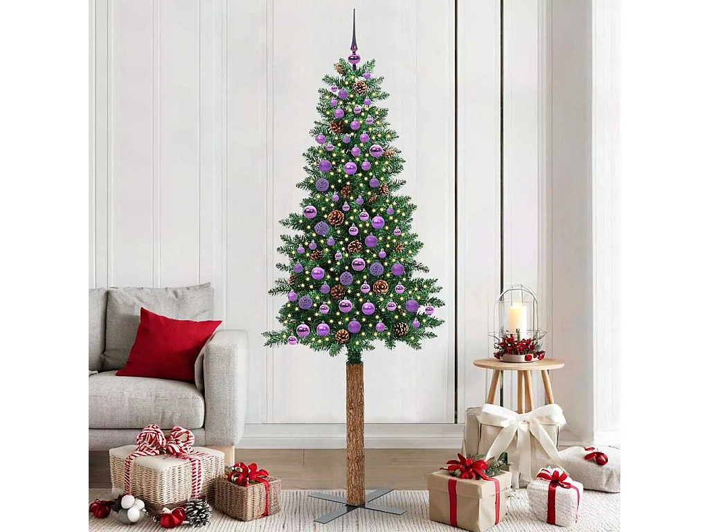 Albero di Natale verde sottile 210 cm in PVC e legno di pino massiccio