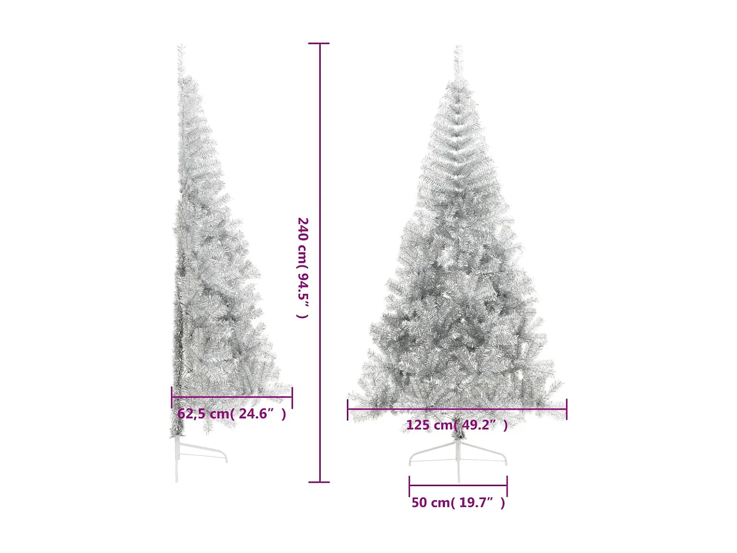 Halve kunstkerstboom met zilveren voet 240 cm PET