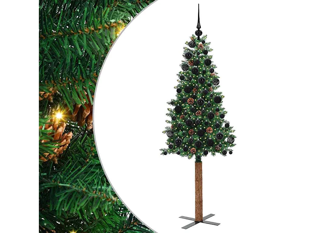 Albero di Natale verde sottile 180 cm in PVC e legno di pino massiccio