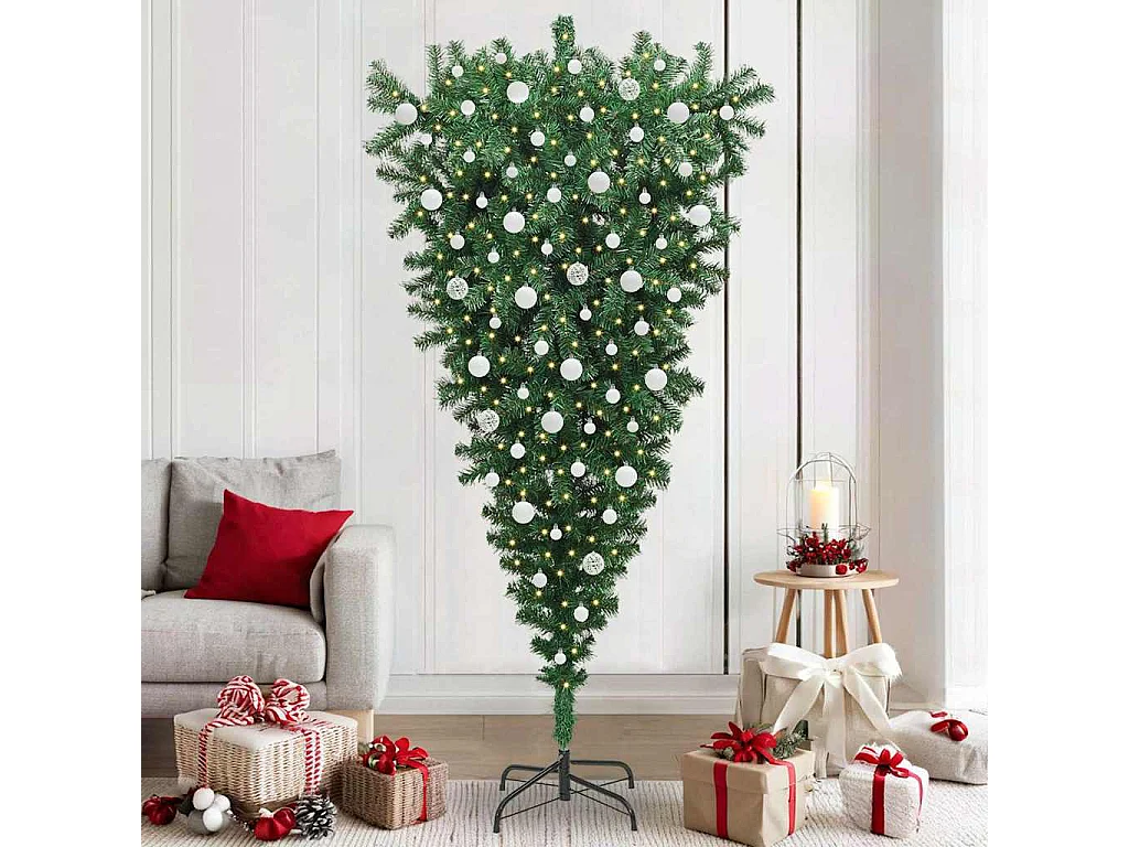 Sapin de Noël artificiel pré-éclairé à l'envers avec ensemble de boules