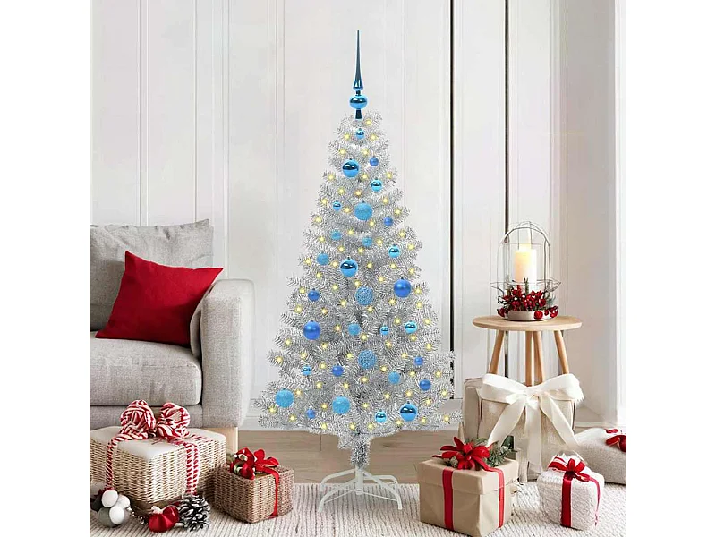 Sapin de Noël avec 150 LED avec support Argent 150 cm PET